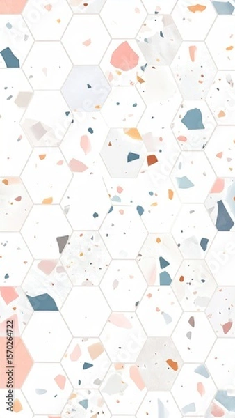 Obraz Seamless Terrazzo Pattern with Pastel Flecks on White Hexagonal Tiles