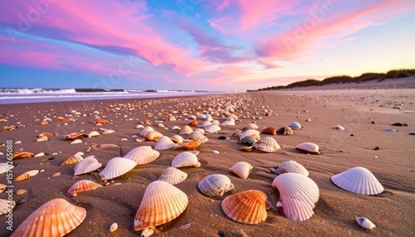 Obraz Seashell Strewn Beach at Low Tide Under Pink Sunset Sky with Waves and Sandy Shoreline