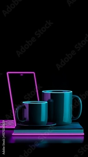 Fototapeta Neon-lit coffee mugs on a table with a laptop.