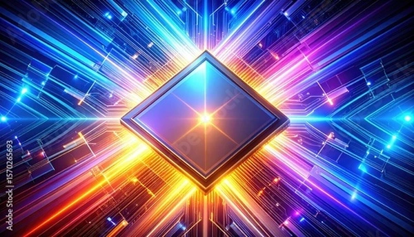 Obraz Shiny Metallic Chip Abstract Featuring Geometric Circuits And Vibrant Light Effects
