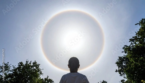 Obraz Silhouette of a Boy Admiring a Bright Solar Halo Displayed in the Sky with Surrounding Trees