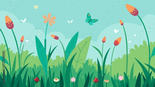 Obraz Vibrant Spring Meadow Butterflies, Flowers, and Lush Greenery