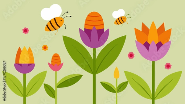 Obraz Vibrant Spring Flowers and Busy Bees A Colorful Illustration