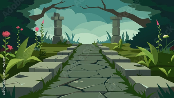Obraz Enchanted Stone Path A Journey Through Lush Greenery and Ancient Ruins