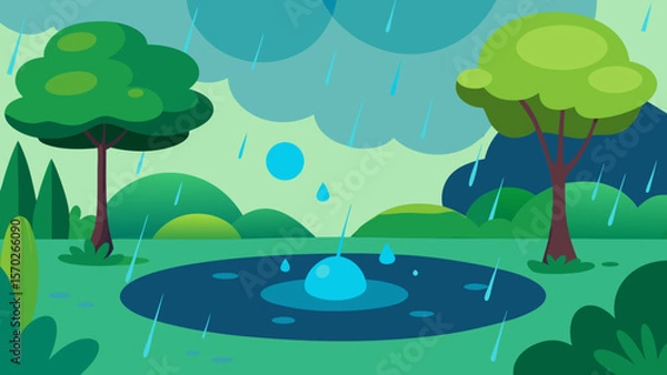 Obraz Rainy Day Landscape Serene Puddle Scene with Falling Raindrops and Lush Greenery