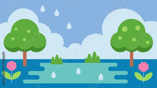 Obraz Refreshing Spring Rain Lush Greenery and Serene Pond Illustration