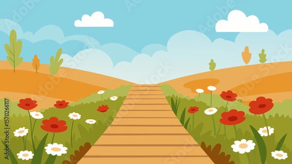 Obraz Serene Springtime Landscape Wooden Path Through Blooming Meadows
