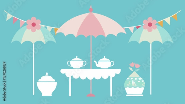 Obraz Pastel Tea Party Elegant Umbrella Setting & Festive Decorations