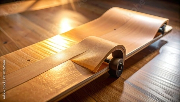 Obraz Skateboard Deck with Grip Tape and Wooden Surface under Overhead Lighting