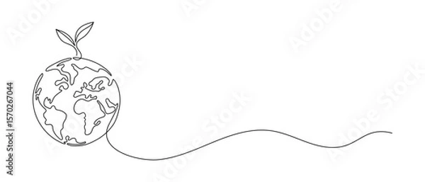 Fototapeta Plant sprout growing on Earth. Single continuous line drawing. Symbol of ecology, green future and saving the planet. Minimalist black and white abstract vector