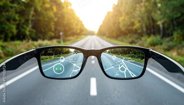 Obraz Smart Glasses Displaying Navigation Prompts Overlaying A Road View Outdoors
