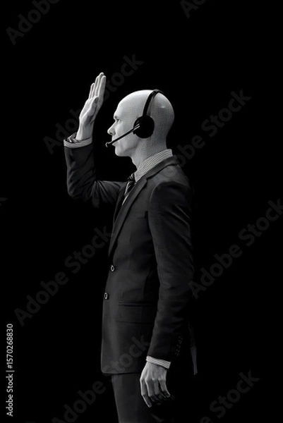 Fototapeta Profile view of a man in a suit, wearing headphones.