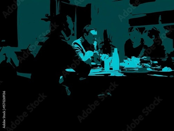 Fototapeta Group of people seated around a table, stylized illustration.