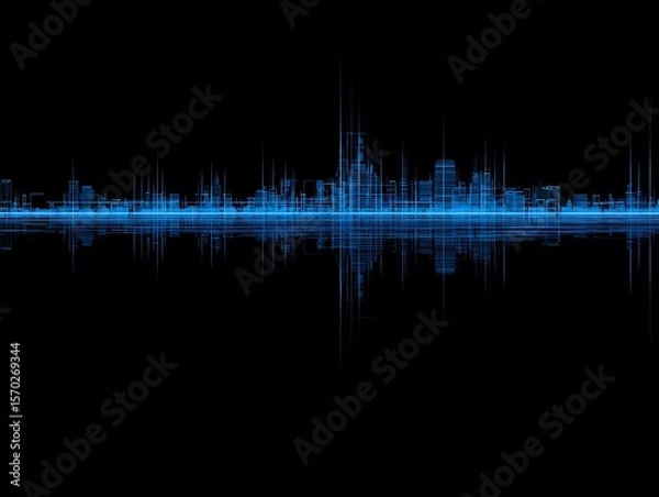 Fototapeta Abstract cityscape design with blue lines on a dark background.