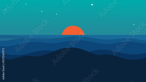 Fototapeta Sunset mountain and sea vector landscape with clouds