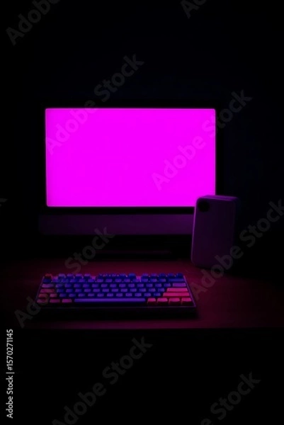 Fototapeta A computer desk setup illuminated with vibrant purple light.