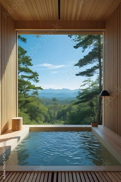 Fototapeta AI Generative. Serene Outdoor Bath with Mountain View - Relaxation and Nature. 1