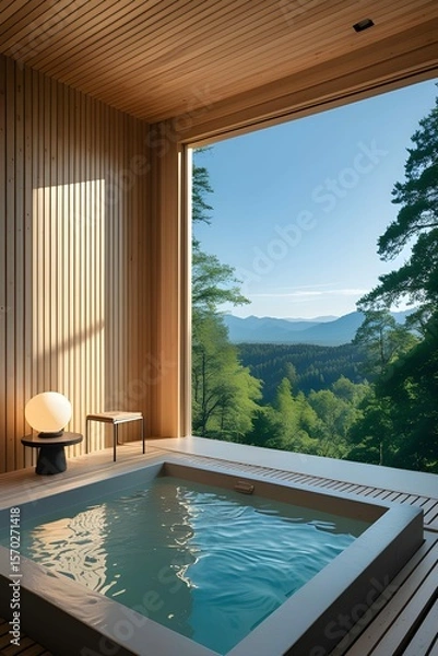 Fototapeta AI Generative. Serene Outdoor Bath with Mountain View - Relaxation and Nature. 2