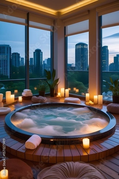 Fototapeta AI Generative. Jacuzzi Outdoor Bath with Cityscape View - Relaxation and Nature. 3