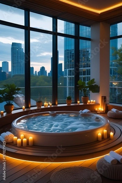 Fototapeta AI Generative. Jacuzzi Outdoor Bath with Cityscape View - Relaxation and Nature. 5