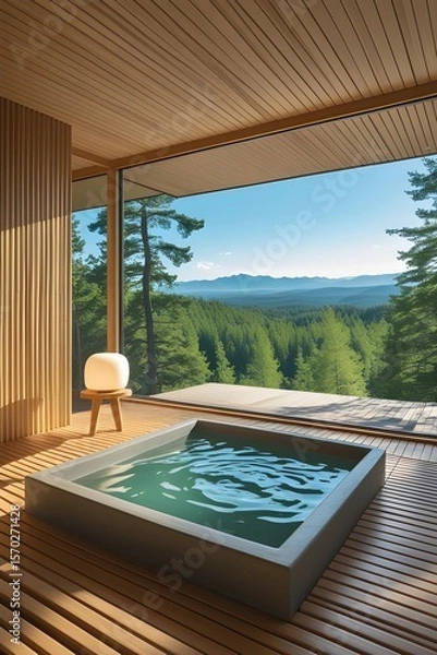 Fototapeta AI Generative. Serene Outdoor Bath with Mountain View - Relaxation and Nature. 6