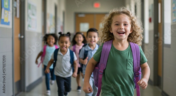 Obraz Group of Young Children Running in School Hallway