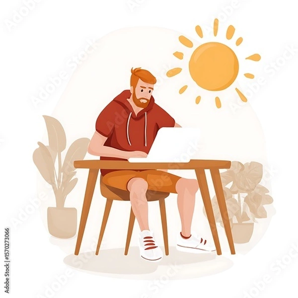 Fototapeta A man sits at a table working on a laptop outdoors on a sunny day.