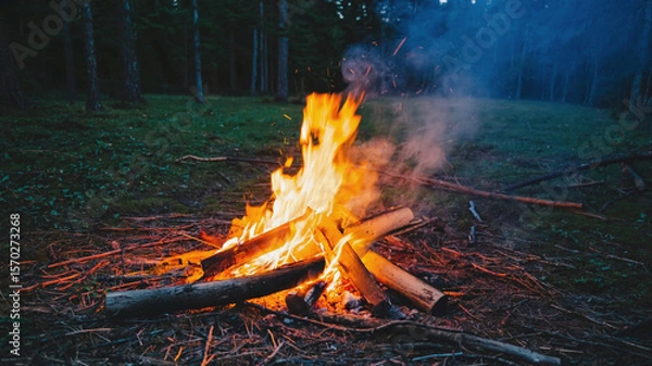 Obraz Campfire Burning on Forest Floor at Dusk