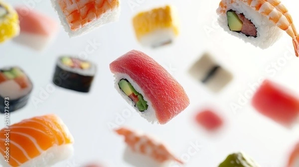 Fototapeta Capture a stunning, realistic image of floating sushi pieces against a pristine white background, showcasing their vibrant colors and delicate textures in a serene and minimalistic composition