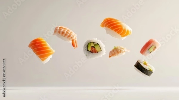 Obraz Capture a stunning, realistic image of floating sushi pieces against a pristine white background, showcasing their vibrant colors and delicate textures in a serene and minimalistic composition