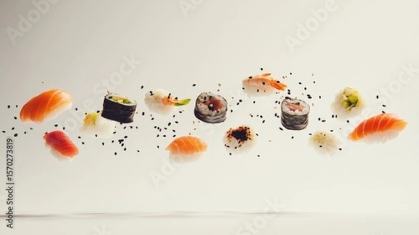 Obraz Capture a stunning, realistic image of floating sushi pieces against a pristine white background, showcasing their vibrant colors and delicate textures in a serene and minimalistic composition