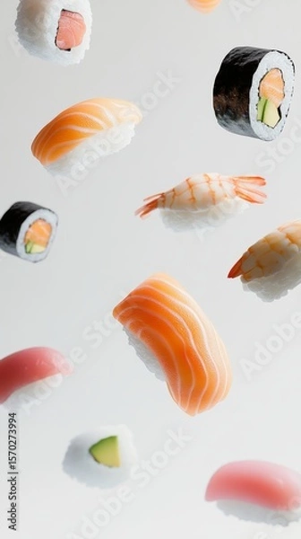 Obraz Capture a stunning, realistic image of floating sushi pieces against a pristine white background, showcasing their vibrant colors and delicate textures in a serene and minimalistic composition