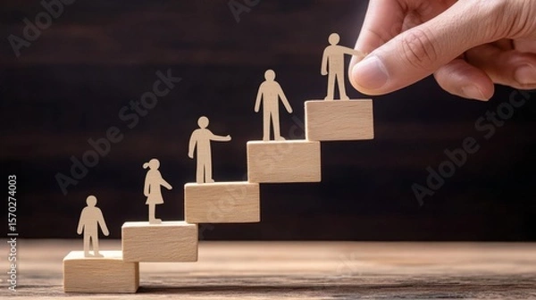 Fototapeta Wooden human figures ascend wooden blocks arranged as stairs, with a hand placing the top figure, symbolizing growth, progress, and leadership.