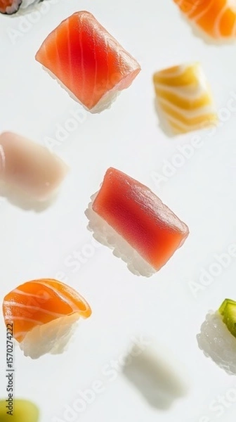 Obraz Capture a stunning, realistic image of floating sushi pieces against a pristine white background, showcasing their vibrant colors and delicate textures in a serene and minimalistic composition