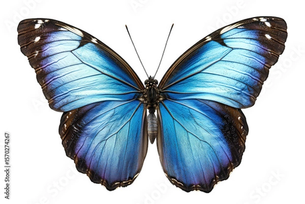 Obraz A Vibrant Blue Morpho Butterfly With Black And Iridescent Markings On Its Wings Is Shown Against A Transparent Background The Butterfly's Wings Are Open Showcasing The Intricate Patterns And Vibrant C