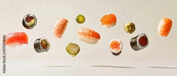 Obraz Capture a stunning, realistic image of floating sushi pieces against a pristine white background, showcasing their vibrant colors and delicate textures in a serene and minimalistic composition