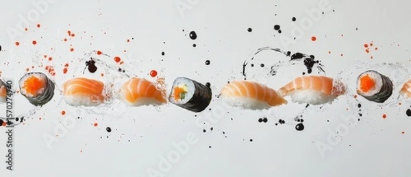Obraz Capture a stunning, realistic image of floating sushi pieces against a pristine white background, showcasing their vibrant colors and delicate textures in a serene and minimalistic composition