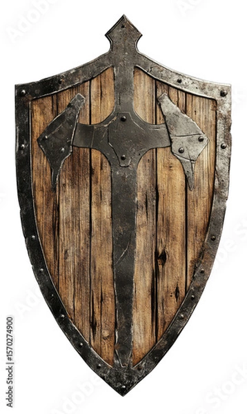 Obraz A Medieval Wooden Shield With A Metal Frame And A Sword Design The Shield Is Worn And Battle-scarred With A Few Chipped And Broken Areas On The Wooden Surface