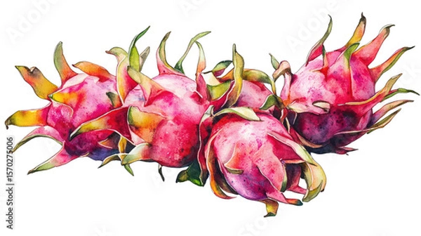 Obraz A Watercolor Painting Of Four Dragon Fruits With Vibrant Pink Skin And Green Scales The Fruits Are Arranged In A Cluster With Their Stems Pointing Upwards The Painting Is Set Against A Transparent Bac