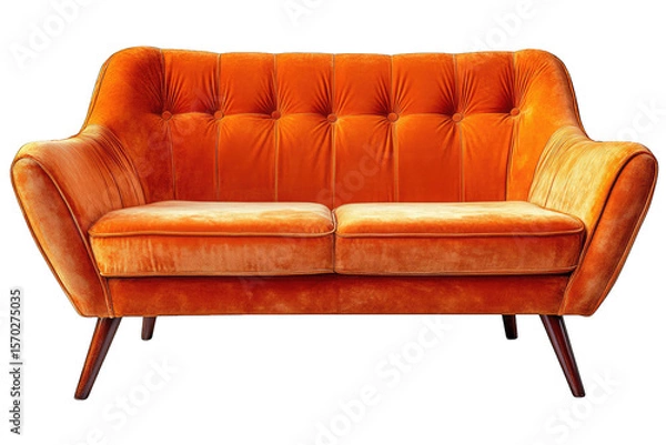 Obraz A Bright Orange Velvet Sofa With Tufted Buttons And Wooden Legs Isolated On A Transparent Background
