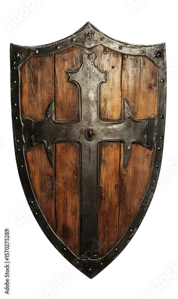 Obraz A Medieval Wooden Shield With A Metal Cross In The Center Isolated On A Transparent Background