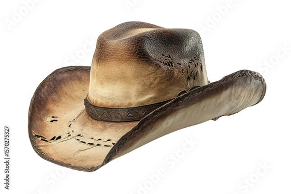 Obraz A Vintage Brown Leather Cowboy Hat With A Distressed Look And Intricate Stitching Detail On The Brim Isolated On A Transparent Background