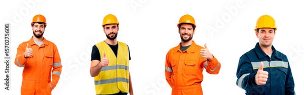 Fototapeta Group of smiling construction workers giving thumbs up for safety and teamwork promotion on transparent background, PNG	
