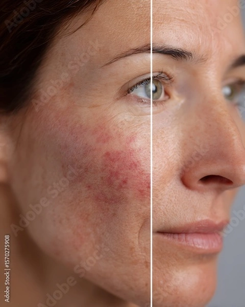Fototapeta The cheek area is very red Before and looks significantly stronger in After. The redness has faded, and the skin is more even.