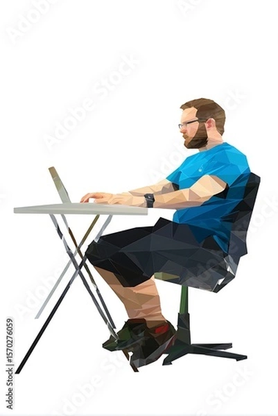 Fototapeta A man sits at a table working on a laptop.