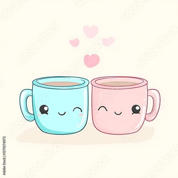 Fototapeta Two kawaii coffee mugs, light blue and pink, with hearts floating above them.
