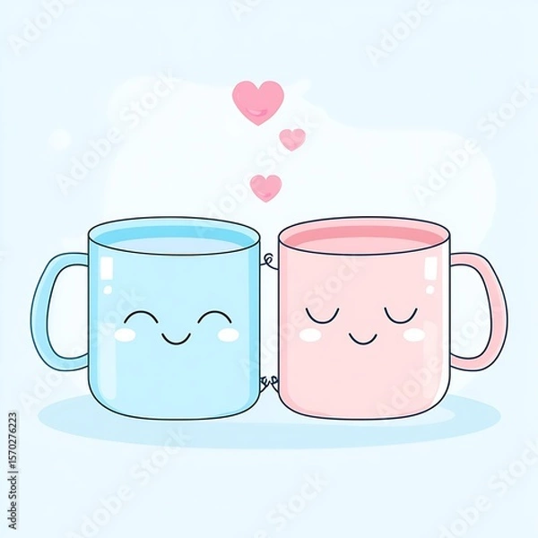 Fototapeta Two adorable mugs holding hands with hearts floating around them.