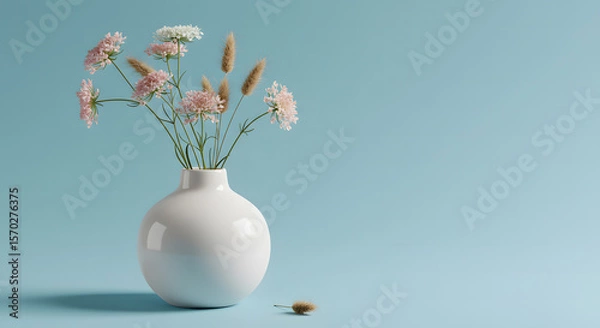 Fototapeta Elegant Pink and White Flowers in a Modern White Vase on a Light Blue Background