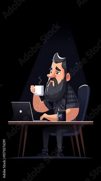 Fototapeta Bearded man sits at a desk with a laptop and coffee.