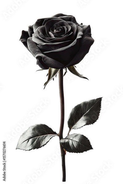 Obraz A Single Black Rose With Green Leaves Isolated On A Transparent Background The Rose Is In Full Bloom And Its Petals Are Soft And Velvety